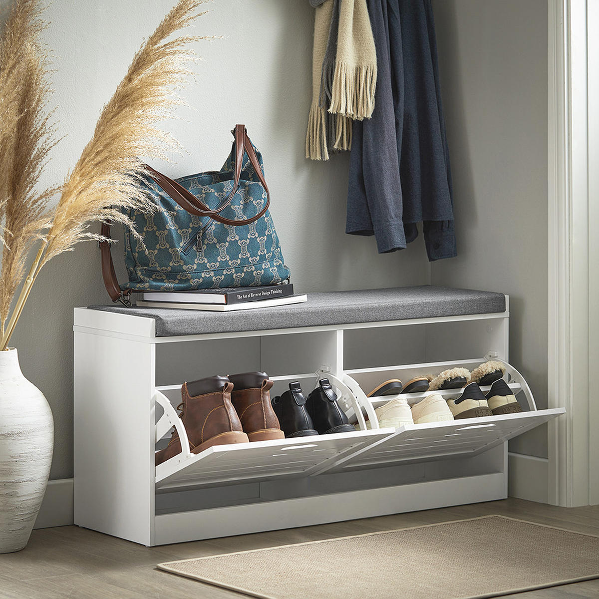 SCHUHBANK mit 2 Türen Weiß 94x30x47cm Modern - Weiß, Holzwerkstoff (30/47/94cm) - SoBuy