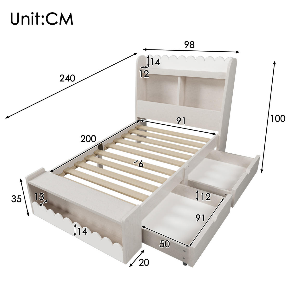 KINDERBETT 90/200 cm aus Massivholz und MDF mit Schubladen, Regal und Sitzbank Weiß/Eichefarben - Weiß, Holzwerkstoff (90/200cm) - Modenvie