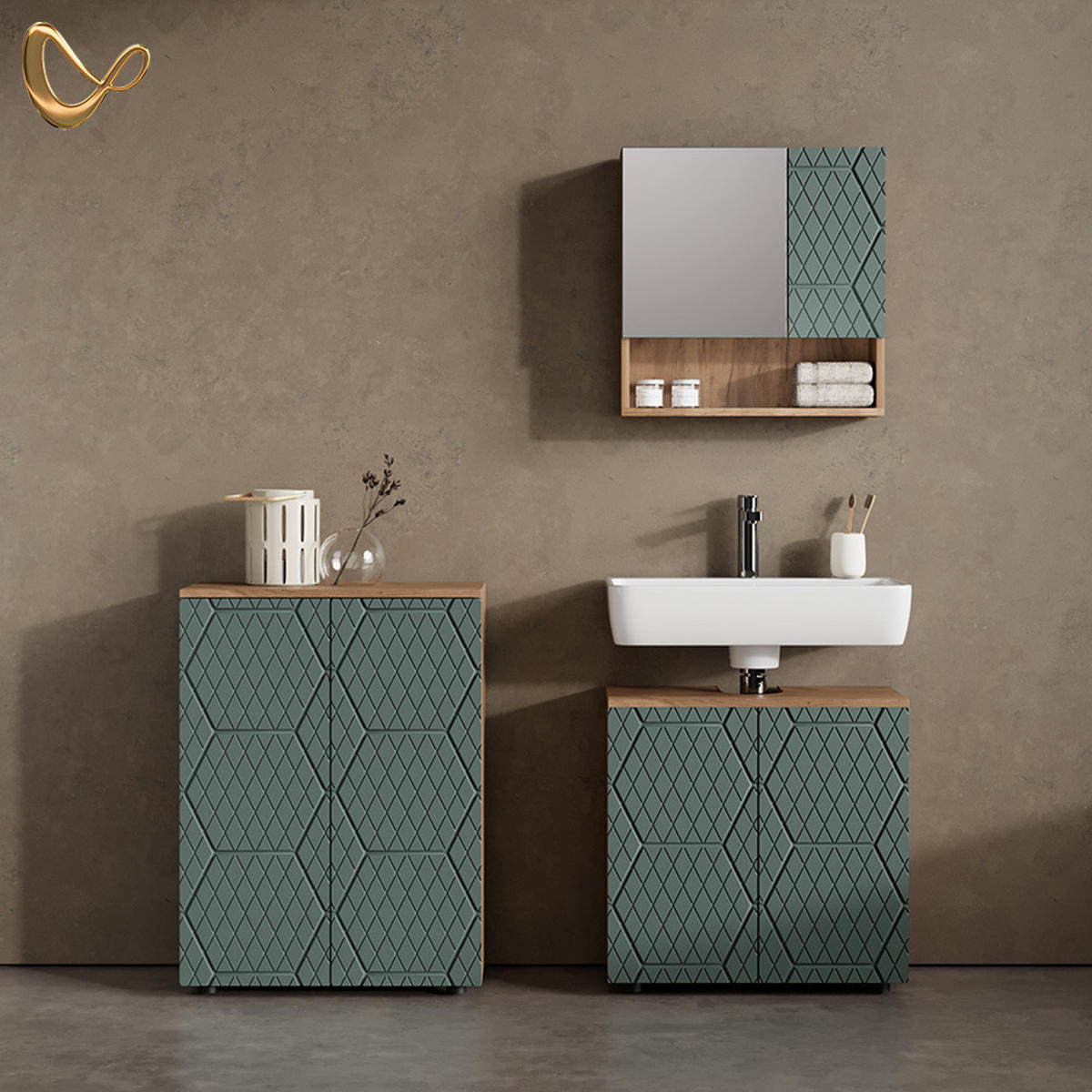 BADMÖBEL-SET Ronco Grün/Goldkraft Eiche 3 Teile, mit Unterschrank 60 cm - Honigeiche/Grün, Holzwerkstoff (60/59/30cm) - Livinity®