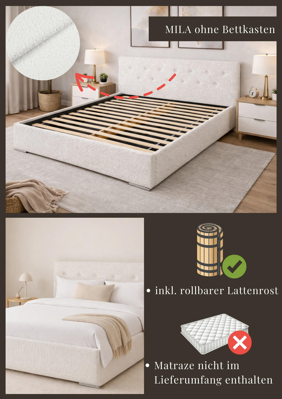 POLSTERBETT MILA 160 mit Lattenrost – Stoff Woolly 07 - Weiß, Holzwerkstoff (160/200cm) - Kier Furniture