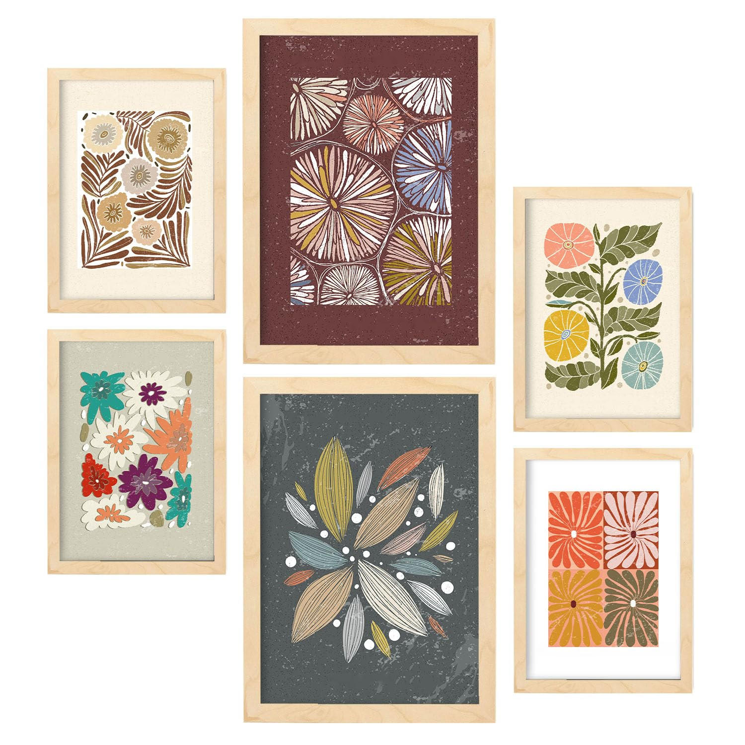 POSTER Set Mit 6 Drucken Von Blütenblättern In Der Sammlung Ethnischere Dekorative Rahmen Für Zuhause Wandkunstdruck A3 & A4 Rahmen Aus Hellem Holz - Beige, Papier (29/3cm) - Nacnic