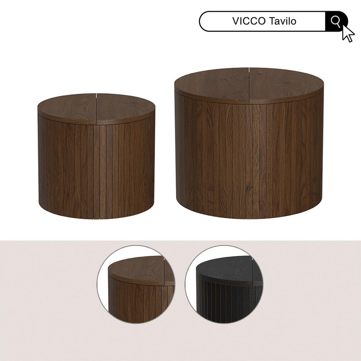 COUCHTISCH-SET Tavilo Eiche/Schwarz 48 x 48 cm 2 Teile - Schwarz/Braun, Holzwerkstoff (48/48/38cm) - Vicco