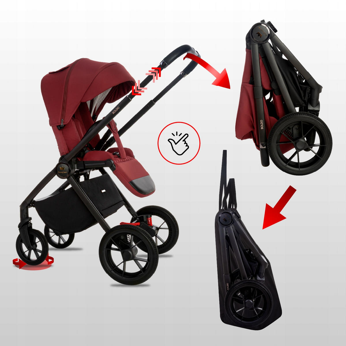 KINDERWAGEN Boldo 3in1 Brownie Babywanne, Buggy Sportsitz, Babyschale I-Size - Weinrot/Schwarz, Textil/Metall (58/98cm) - BabyLux