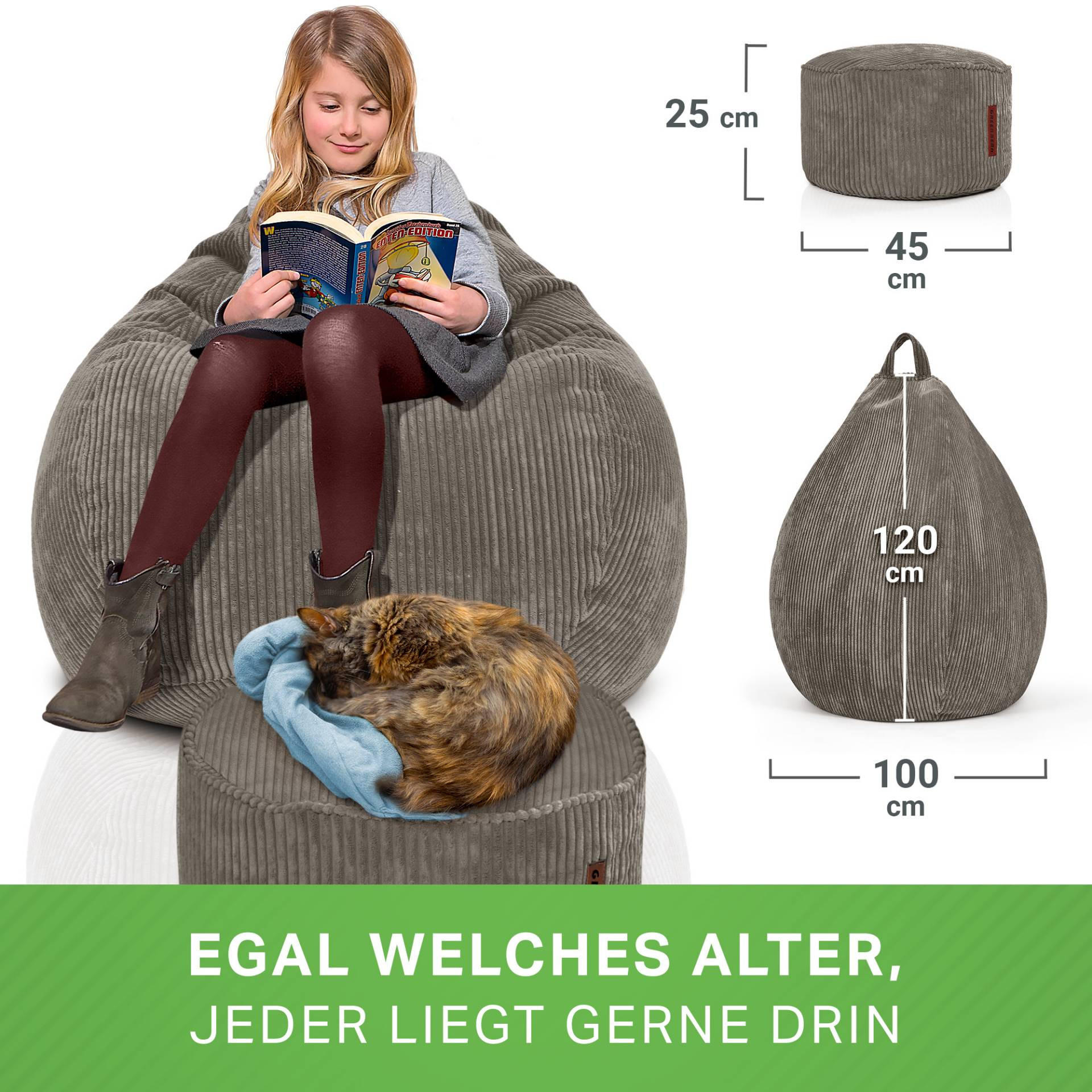 XXL-SITZSACK 2er Set + Pouf - Cordstoff - Anthrazit, Textil (90/110/90cm) - Green Bean