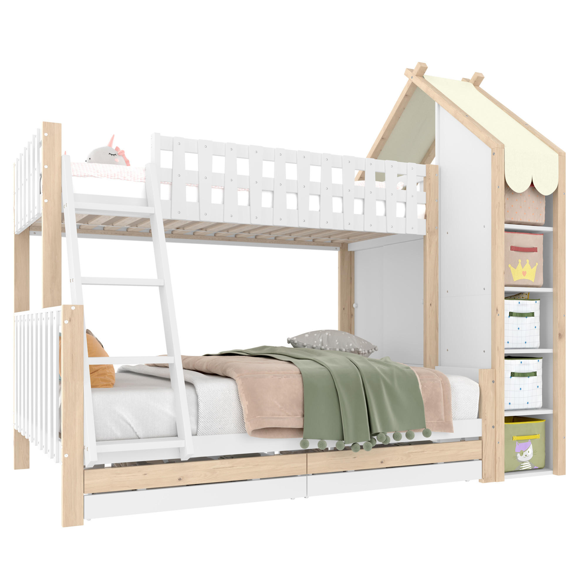 HAUSBETT 90/200 + 140/200 cm in Weiß/Natur mit Stauraum und Hausdach - Weiß, Holz (90/200cm) - BEAOK