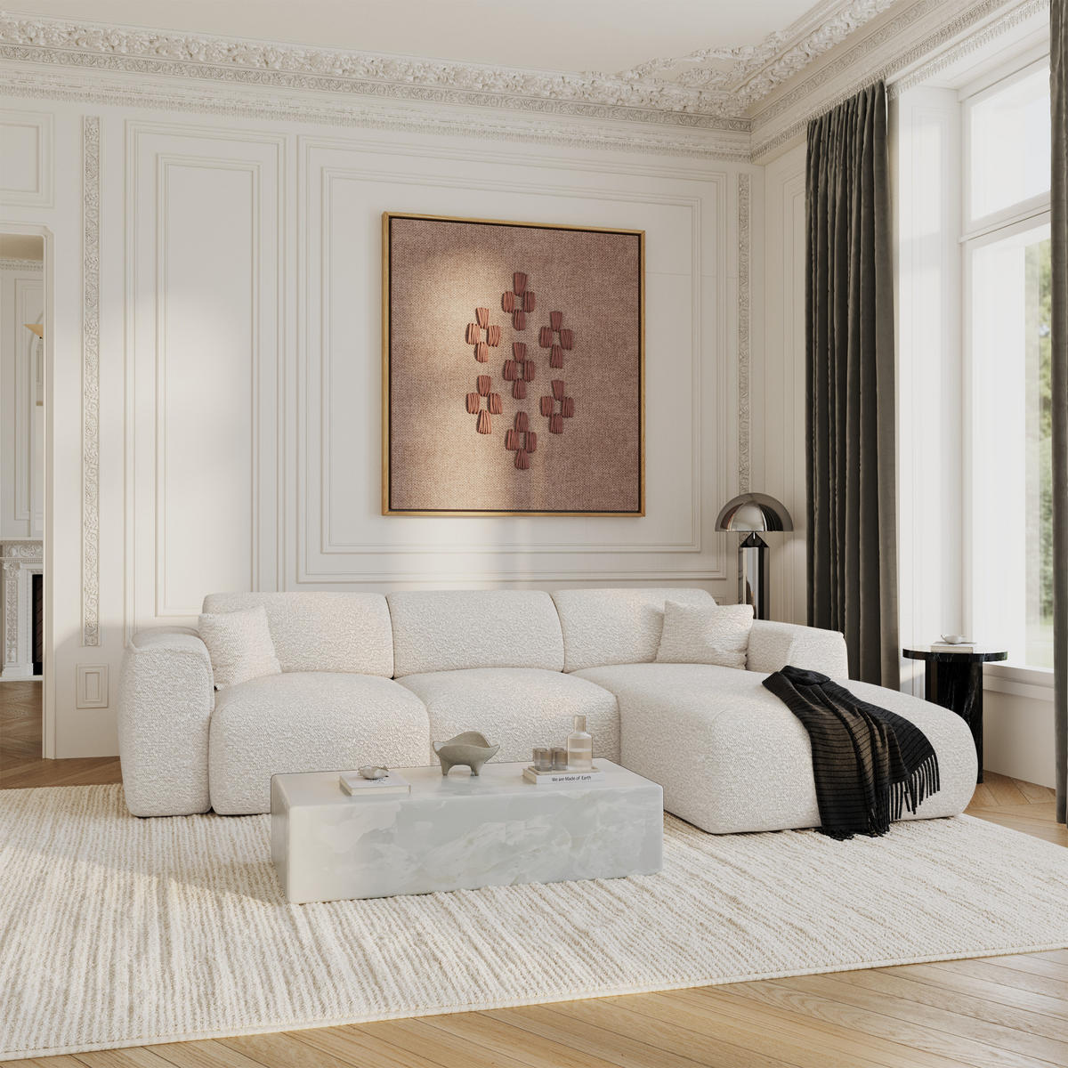 ECKSCHLAFSOFA Bouclé-Stoff Creme 283cm - Creme, Textil (283/180cm) - Sia Home