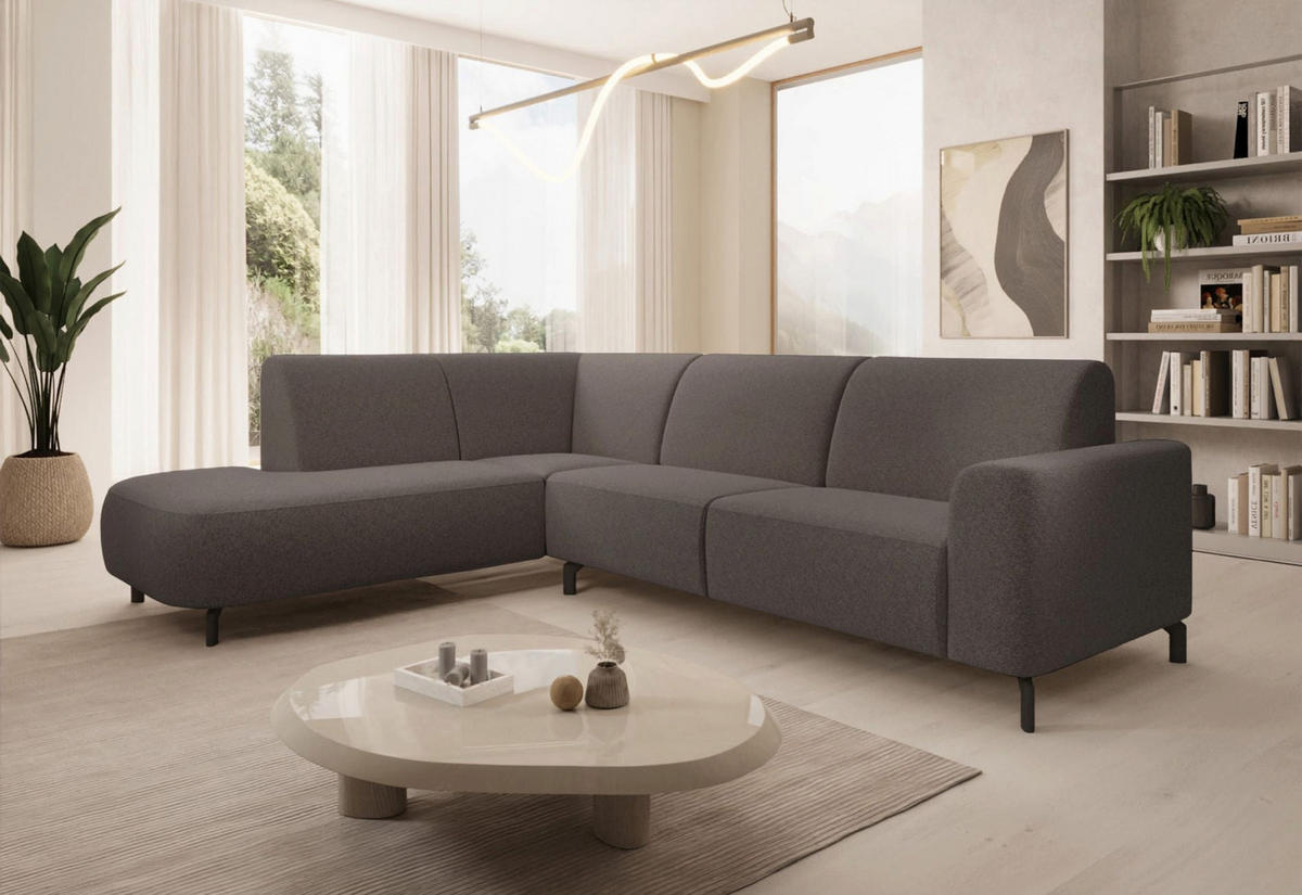 ECKSOFA Lununa Graubeige mit Armlehne, Bouclé, Ottomane rechts - Taupe/Schwarz, Textil/Metall (218/277cm) - Selsey