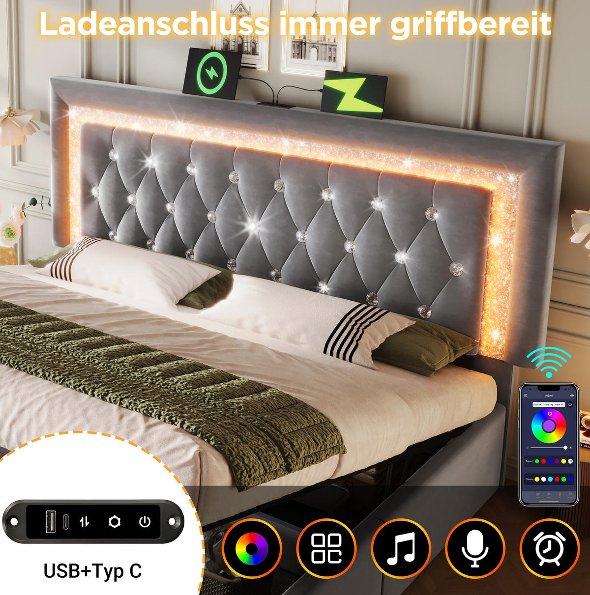 POLSTERBETT 160/200 cm Grau aus Samt mit LED-Beleuchtung, Matratze und Stauraum - Grau, Textil (160/200cm) - Flora Grace