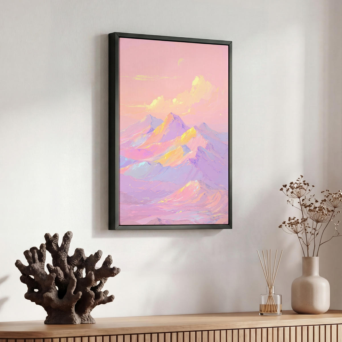 LEINWAND Bilder mit Rahmen - Berggipfel - Wolken - Verträumt - 30x40 - Hellrosa, Textil (30/40cm) - MuchoWow