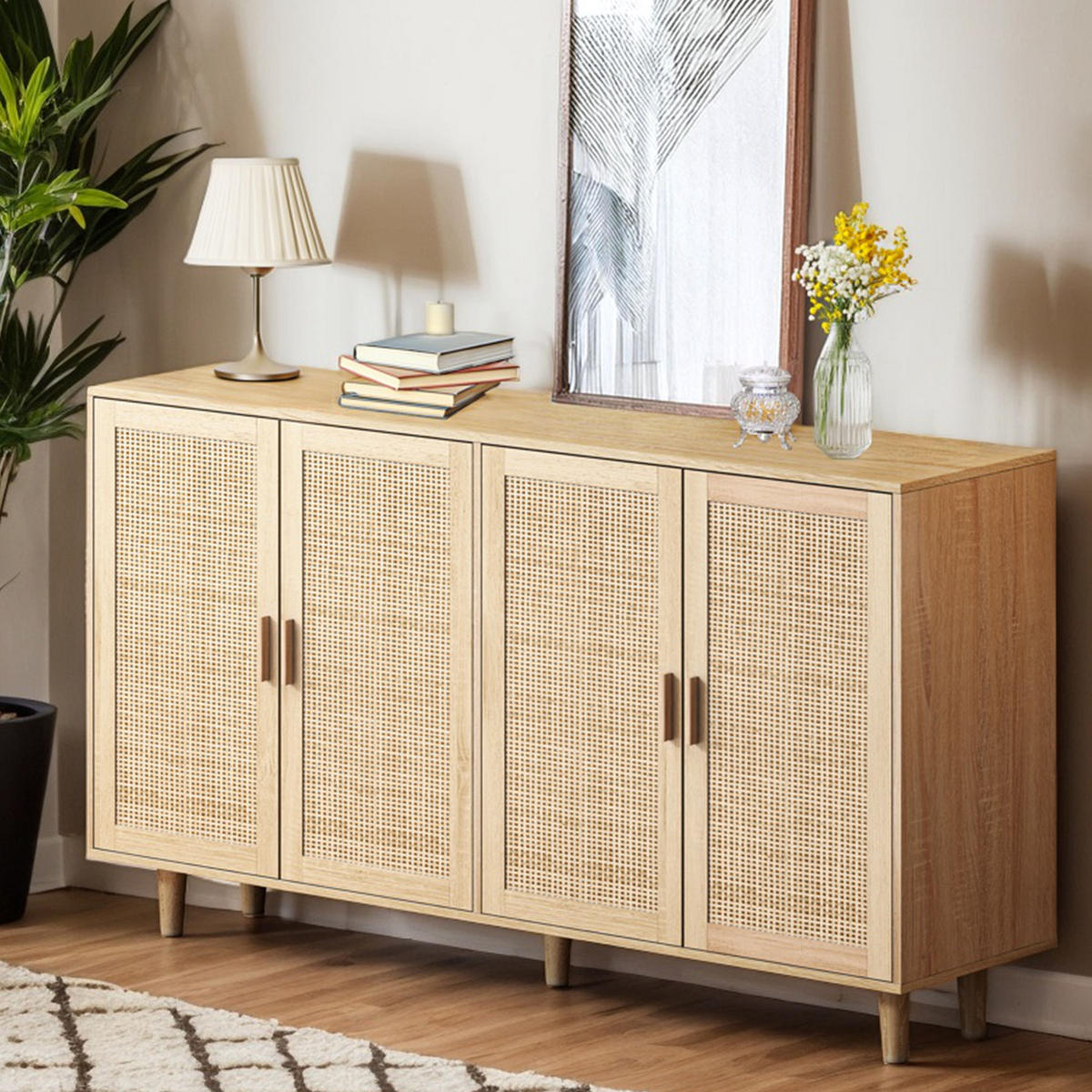 SIDEBOARD aus Spanplatte 158x40x88 cm Natur mit 4 Rattantüren und verstellbarem Einlegeboden - Naturfarben, Holzwerkstoff (158/88/40cm) - Modfu