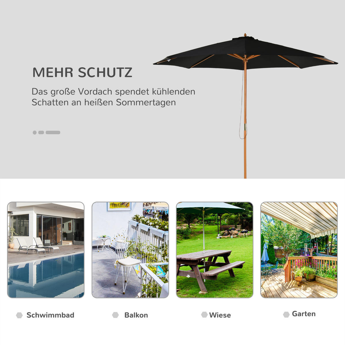 SONNENSCHIRM, Bambus, Polyester, Schwarz - Schwarz, Naturmaterialen/Holz (300/300cm) - Outsunny
