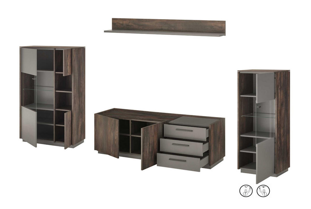 WOHNWAND Thermo Eiche, grau, Wohnkombination 4-teilig mit Soft-Close 327 x 200 cm - Eichefarben/Grau, Holzwerkstoff/Metall (327/200/45cm) - Furn.Design