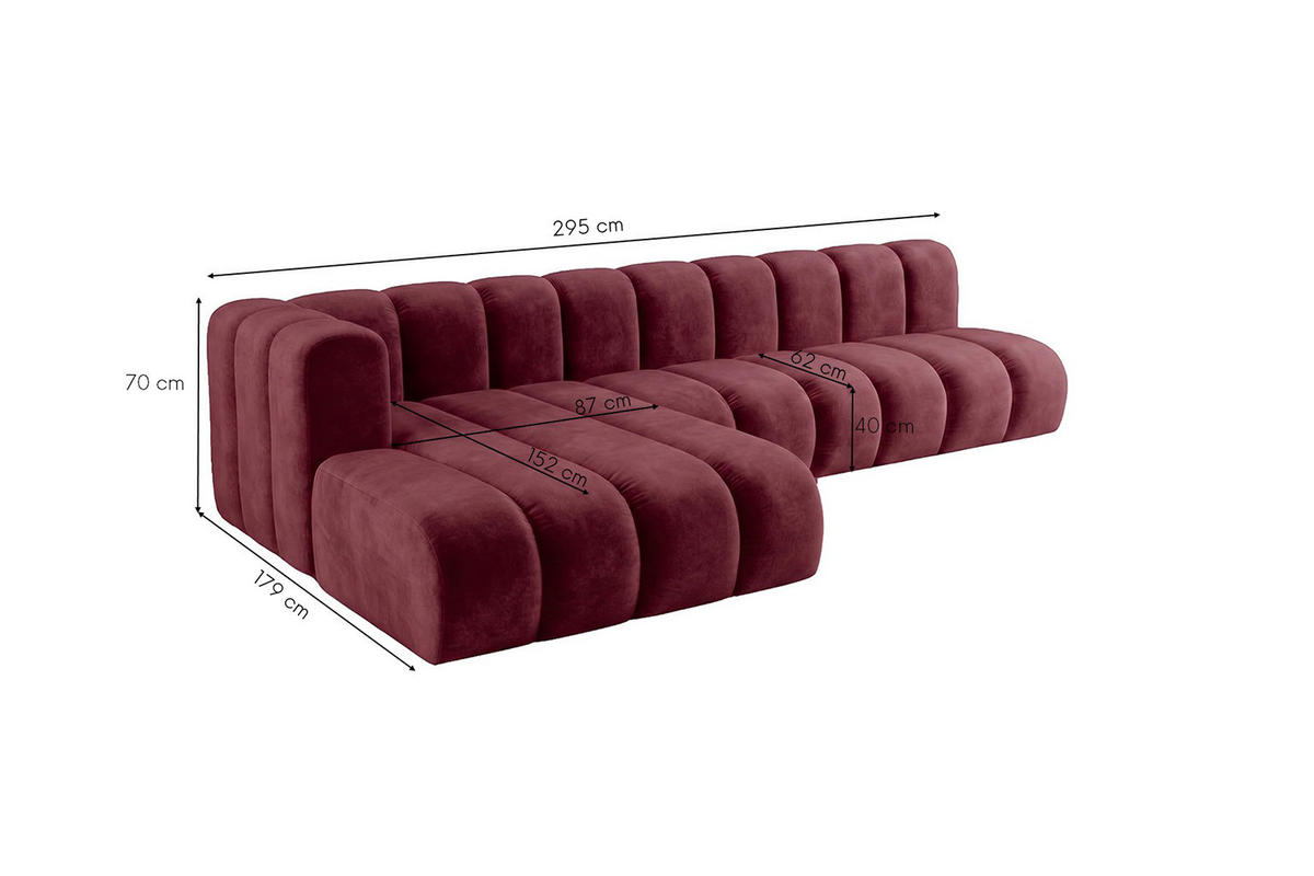 ECKSOFA Modulares In L-Form, Velvet-Stoff Riviera, Rotwein, Links, GRAND 295 cm - Dunkelrot, Holz (295/179cm) - Kaiser Möbel