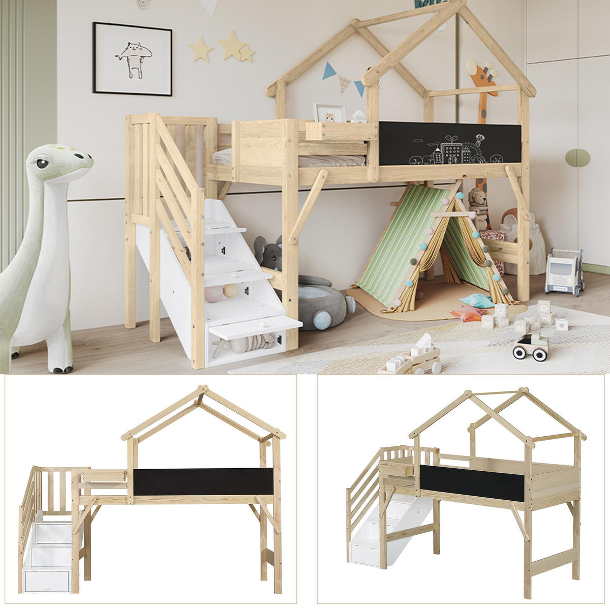 ETAGENBETT 90/200 cm mit Kreidetafel, Stauraumtreppe und Dachrahmen aus Holz, Weiß/Natur - Weiß, Holzwerkstoff (90/200cm) - Redom