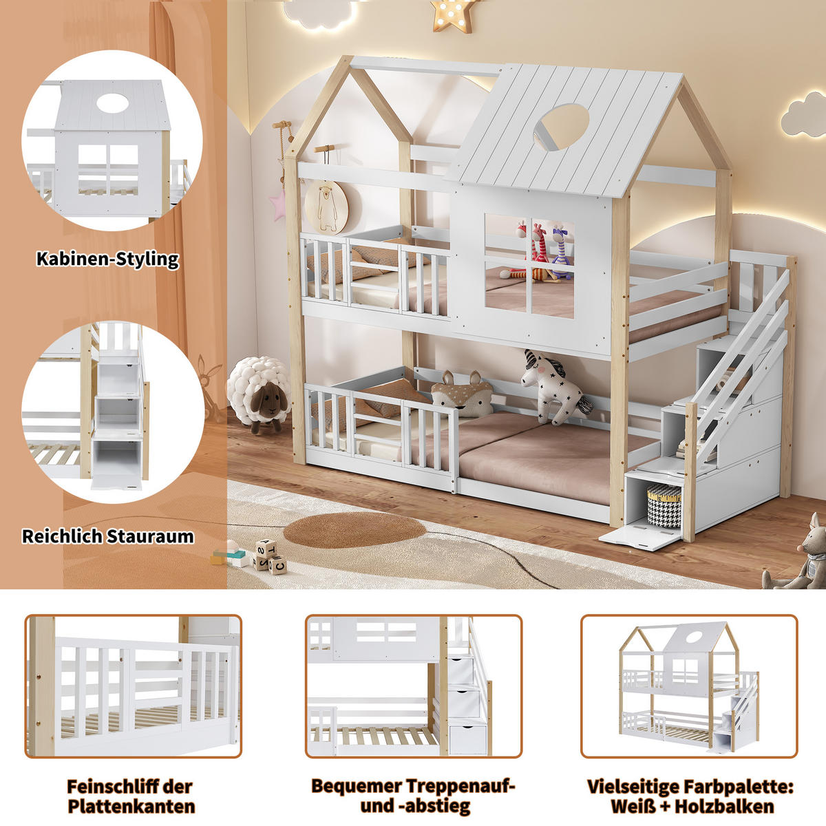 ETAGENBETT 90x200 cm Haus Treppe weiß - Weiß, Holz (90/200cm) - LEBENLANG