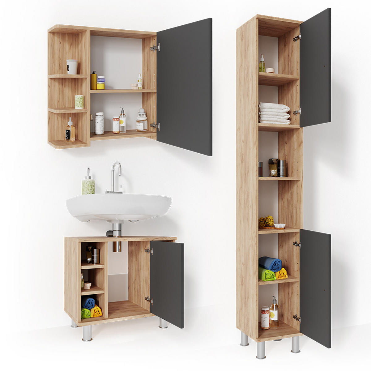 BADMÖBEL-SET Fynn Eiche 3 Teile, mit Hochschrank - Eichefarben/Anthrazit, Holzwerkstoff (60/54/32cm) - Vicco