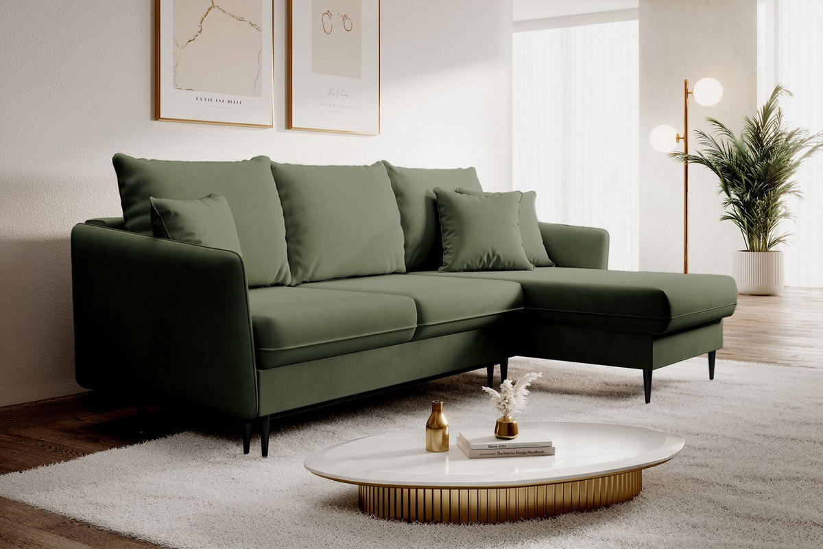 ECKSOFA Volio Salbeigrün Samt - Schwarz/Hellgrün, Textil/Metall (223/145cm) - Selsey