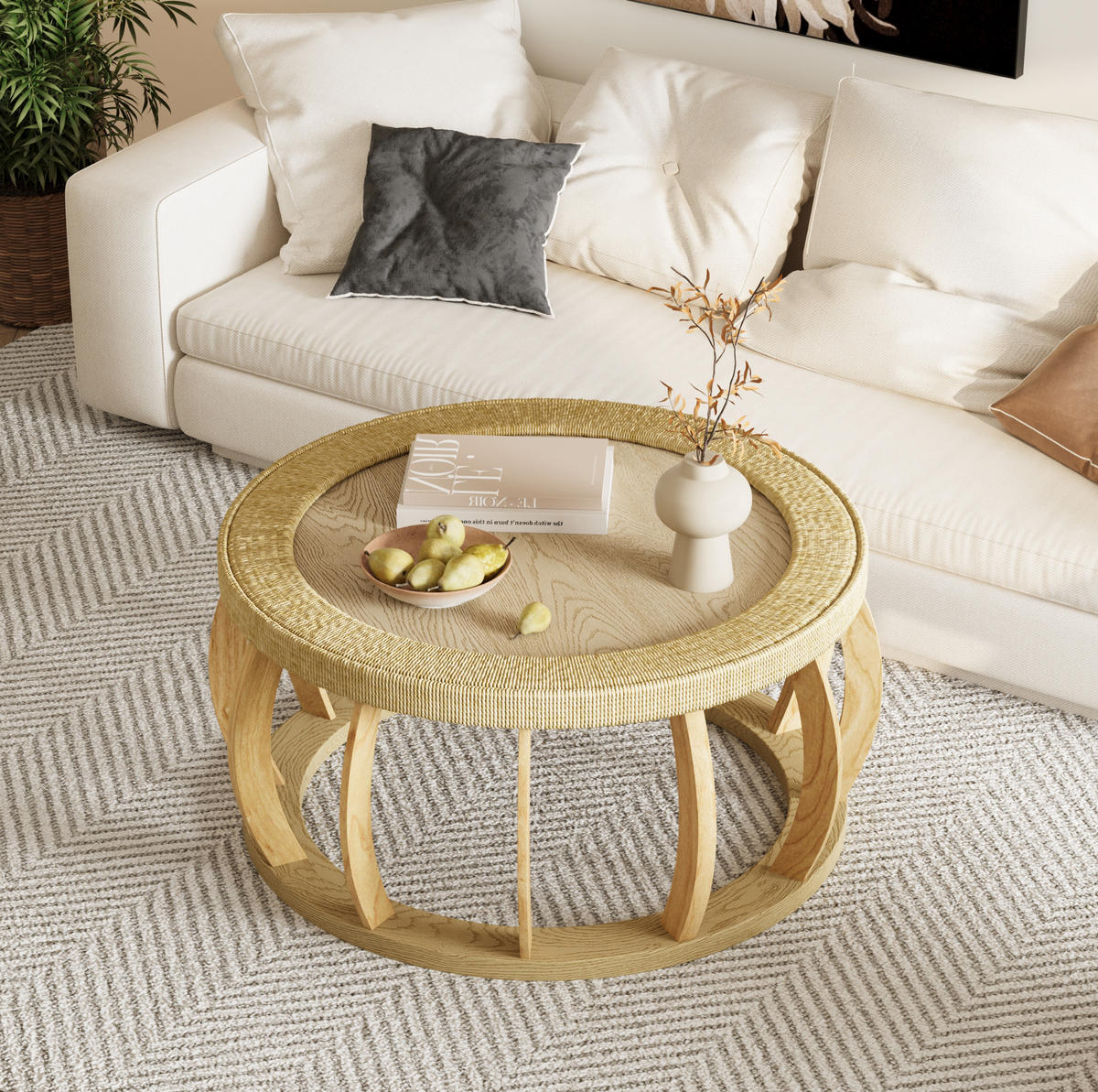 COUCHTISCH 90/90/43 cm mit Rattan-Details, runder Tischplatte und Massivholzbeinen, Natur - Naturfarben, Holzwerkstoff (90/90/43cm) - Redom
