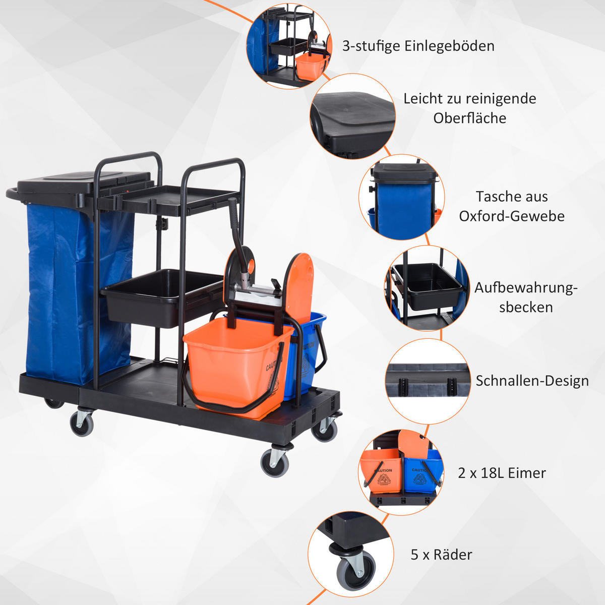 REINIGUNGSWAGEN Metall Kunststoff Schwarz Blau Orange - Schwarz, Kunststoff/Metall (63.3/103/111cm) - HOMCOM