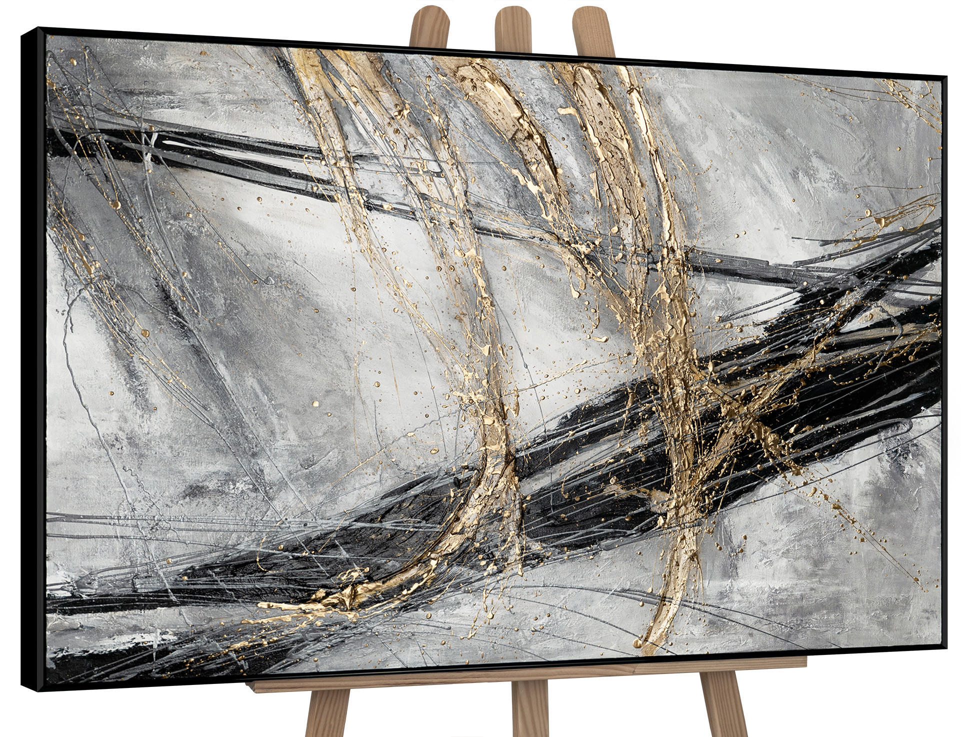 GEMÄLDE Goldener Strich II Schattenfugenrahmen Schwarz 140x100 cm - Schwarz, Holz (140/100cm) - YS-art gallery