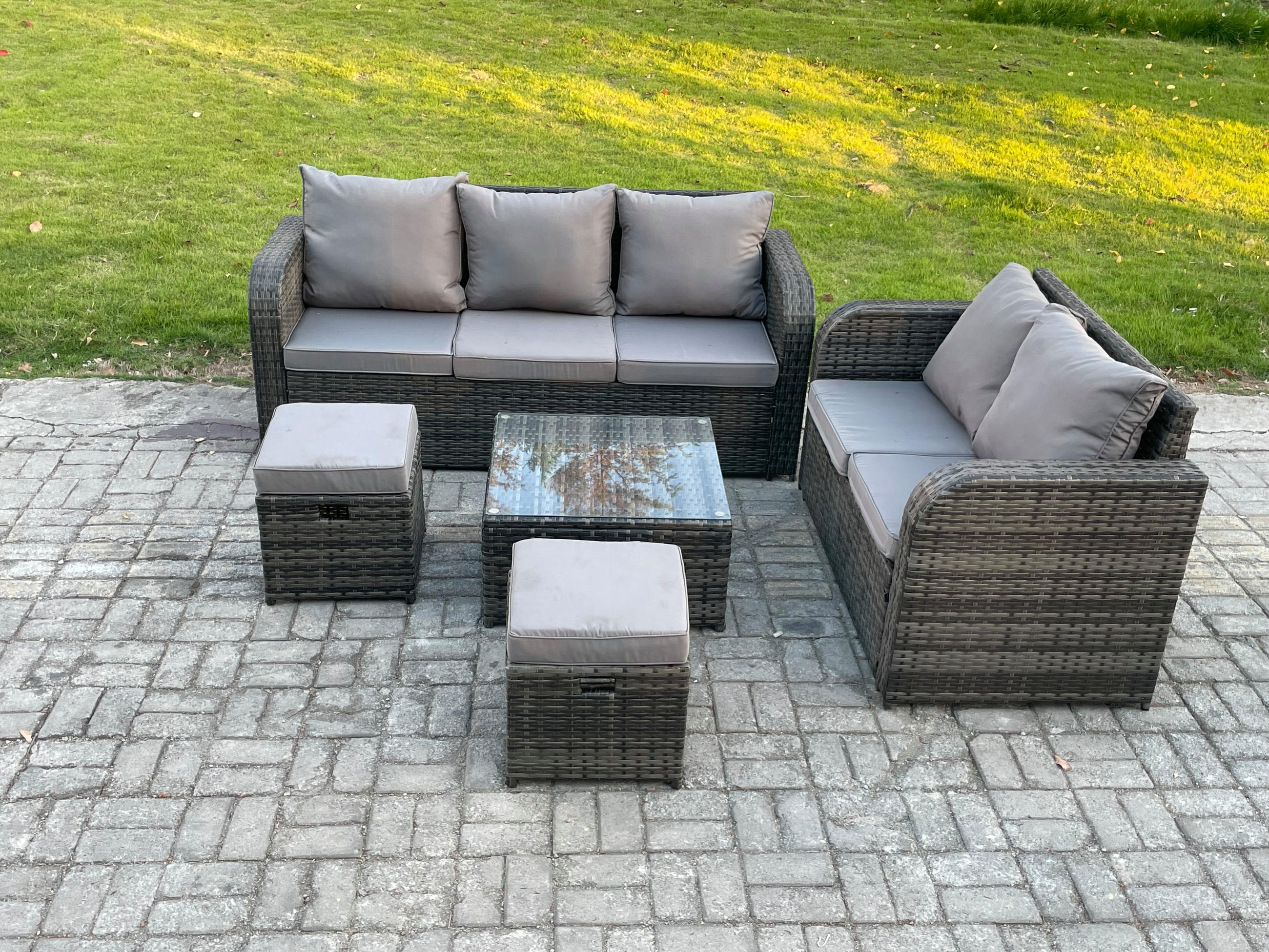 GARTENSOFA SET mit Couchtisch Polyrattan Dunkelgrau 5-teilige - Dunkelgrau/Grau, Glas/Kunststoff - Fimous