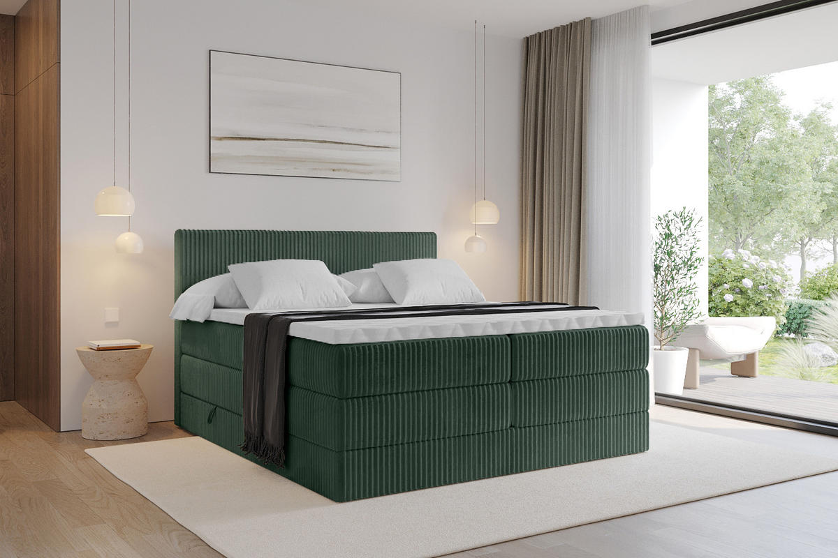BOXSPRINGBETT mit Matratze H3|H4 und Lattenrost - TOLO KING 140x200 Cord - Dunkelgrün - Dunkelgrün, Holzwerkstoff (140/200cm) - ALTDECOR