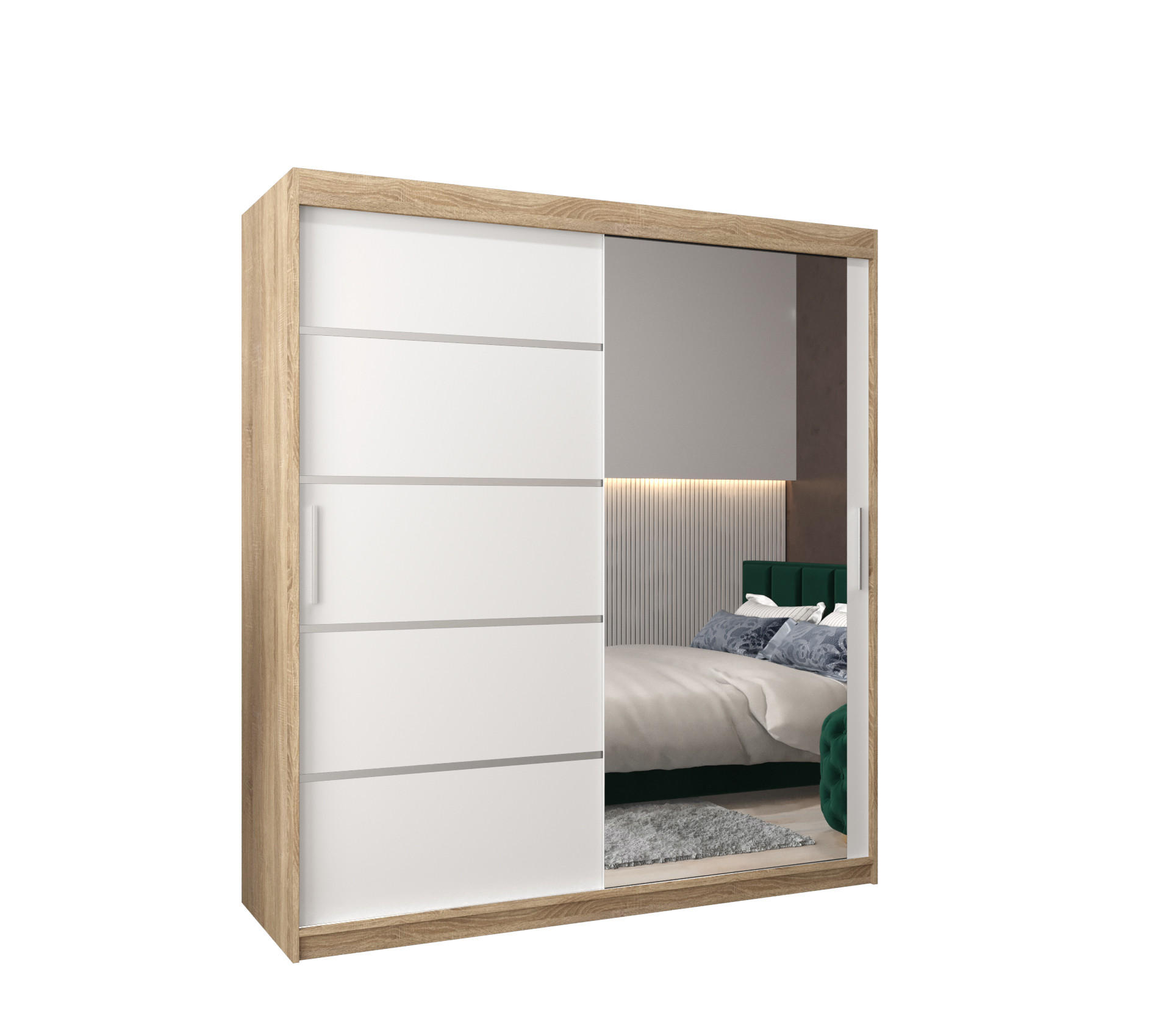 Abiks Möbel Schwebetürenschrank Sonoma Eiche, Weiß, Silber 180x200x62 cm