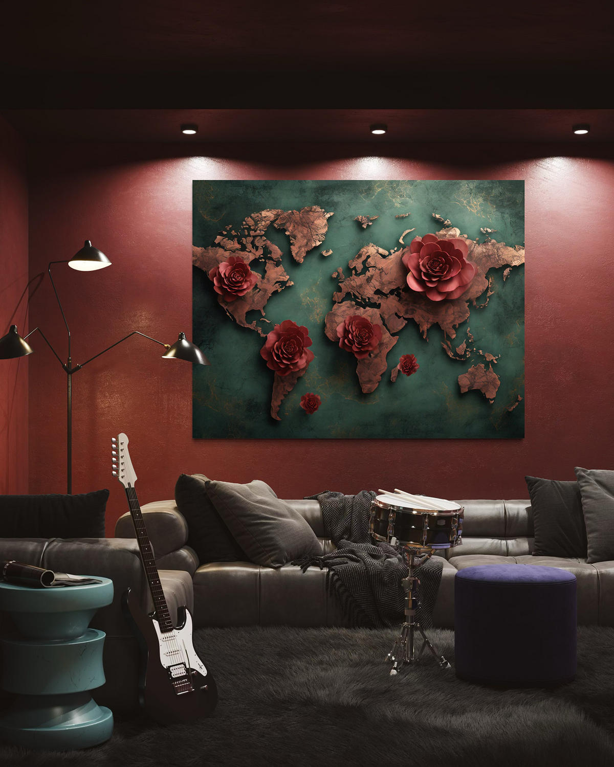 WANDBILD blumen weltkarte rose - Rot, Textil (60/40cm) - Feeby