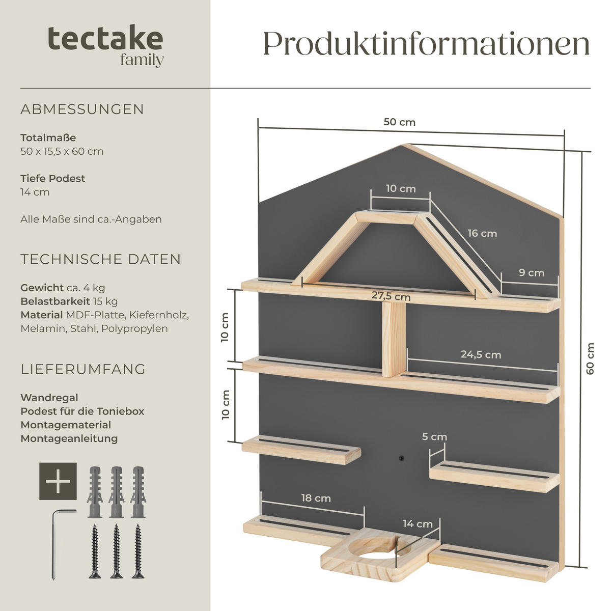 WANDREGAL Mylittle Story,50 x 15,5 x 60 cm,anthrazit - Anthrazit, Holz (50/60/15.5cm) - tectake