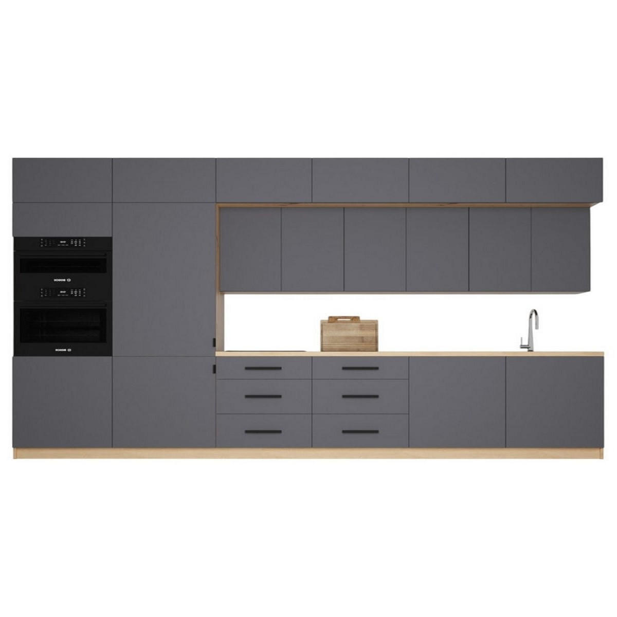 KÜCHENZEILE 360 cm - Langen K72-M360 in Grau/Matt - Schwarz/Grau, Holz/Metall (360/248/58cm)