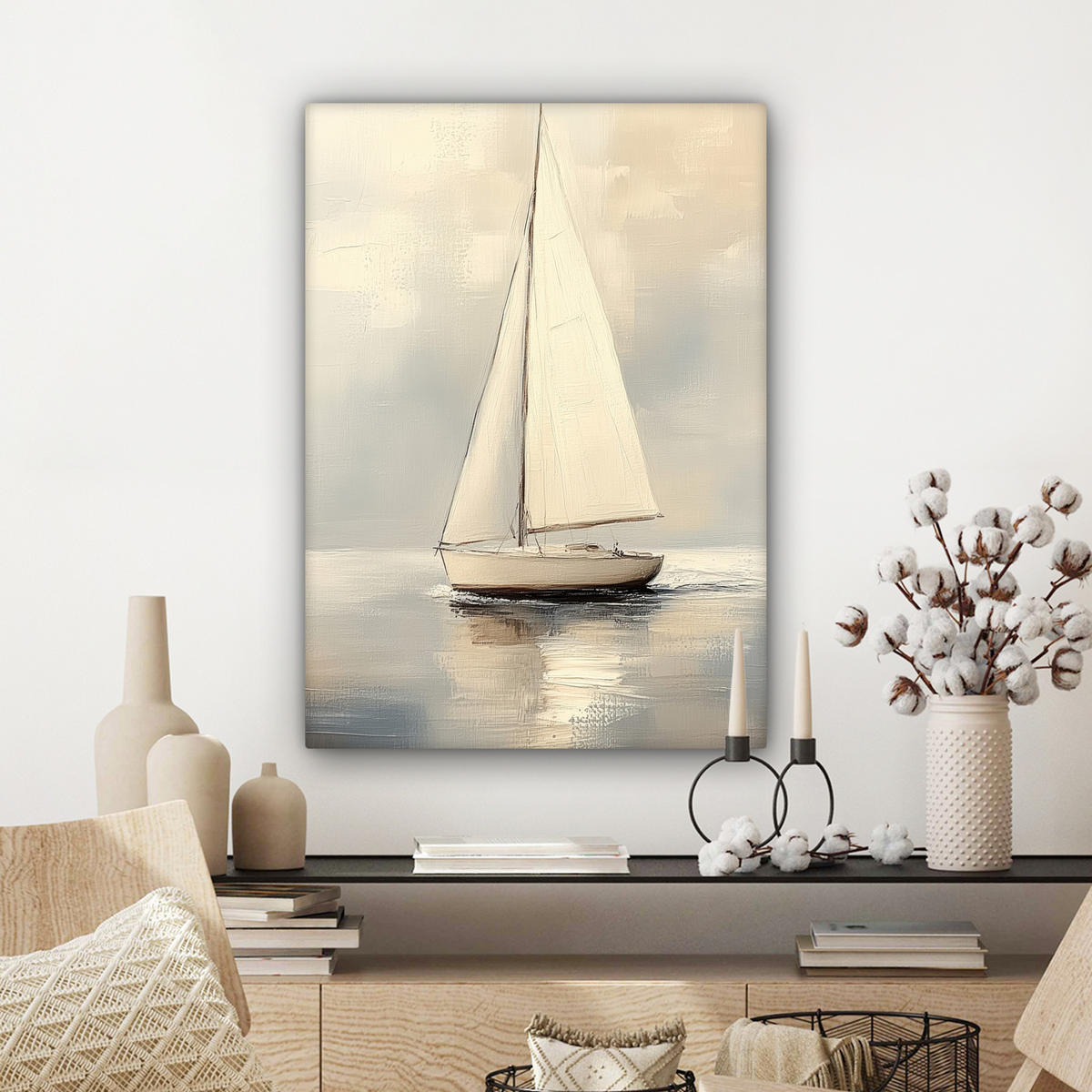 LEINWANDBILD Segelschiff - Meer - Bewölkt Wandbild Wohnzimmer 60x80 cm - Creme, Textil (60/80cm) - MuchoWow