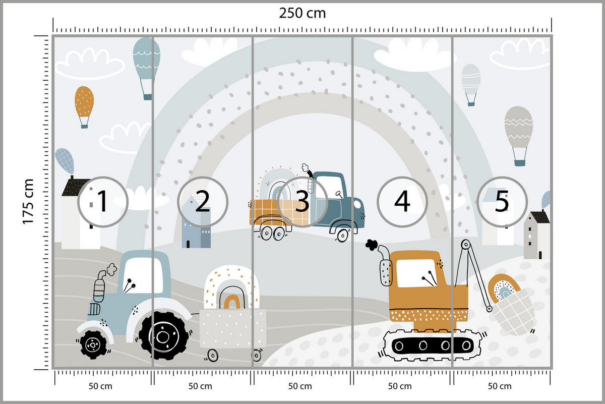 FOTOTAPETE für Kinderzimmer Baumaschinen Regenbogen Hügel Wolken 250x175 - Blau/Beige, Papier (250/175cm) - Muralo