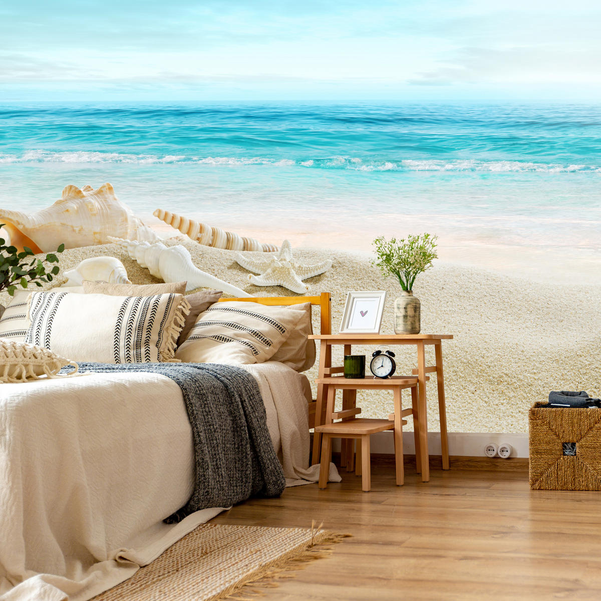 FOTOTAPETE für Badezimmer Muscheln Strand Sand Wellen Meer 150x105 - Beige/Weiß, Papier (150/105cm) - Muralo