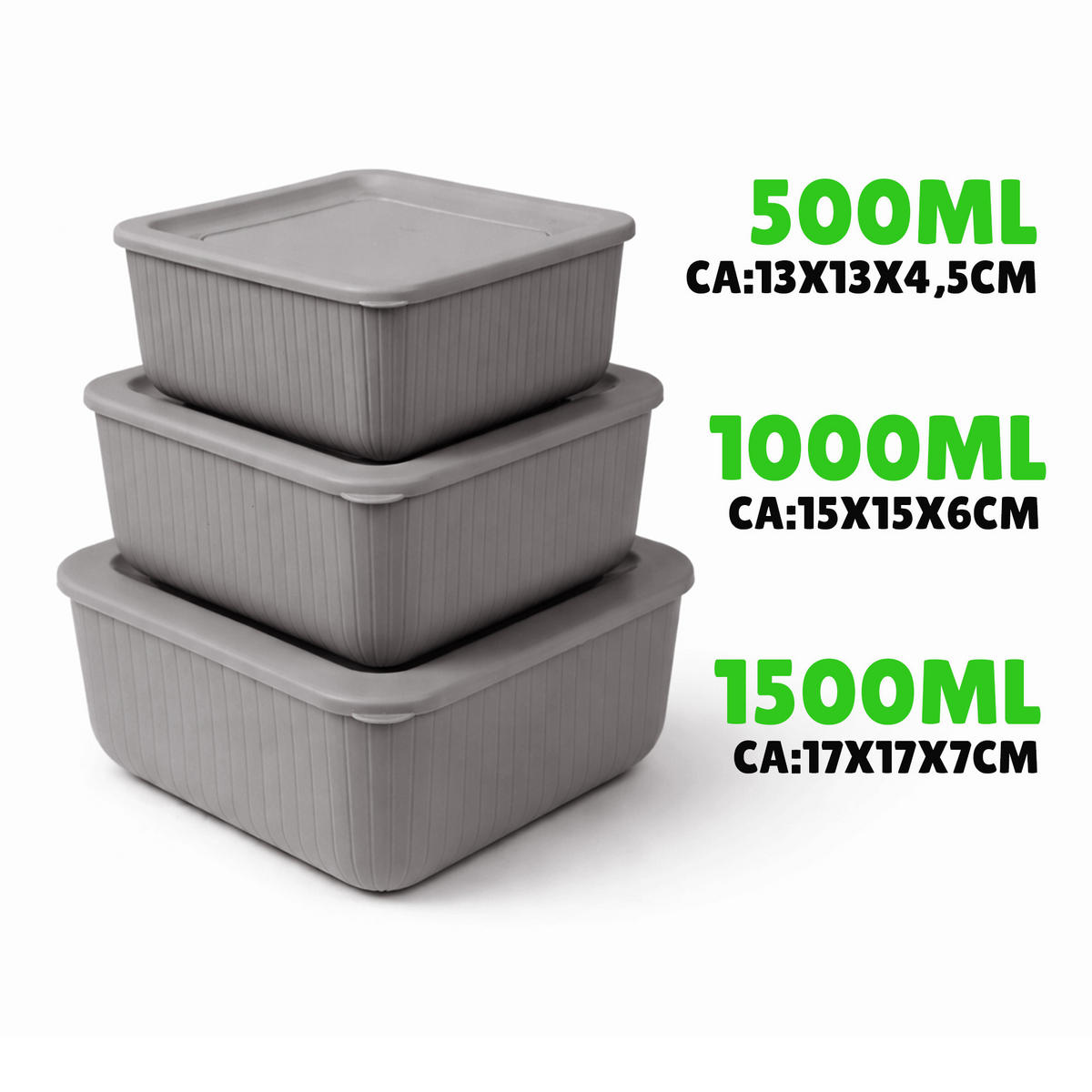 VORRATSDOSEN 3-teilig 0,5L/1L/1,5L Grau - Grau, Kunststoff - ProHome