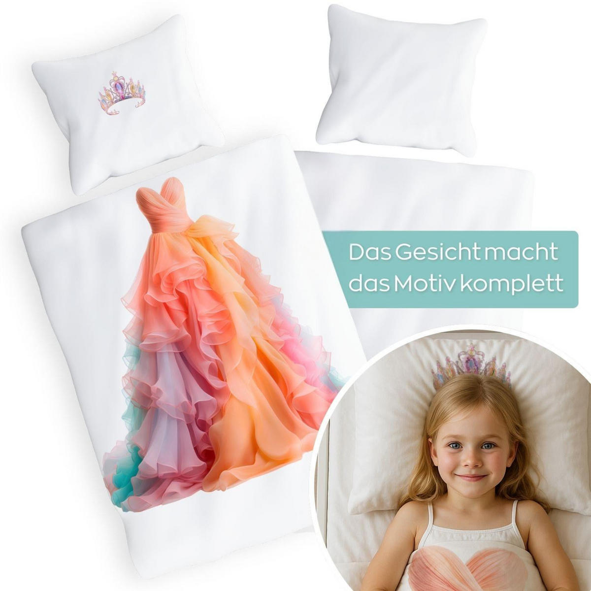 KINDERBETTWÄSCHE 135x200 Prinzessin aus 100% Baumwolle - Dein Gesicht vervollständigt das Design der Kinder Bettwäsche - Weiß, Textil (135/200cm) - Carpe Sonno