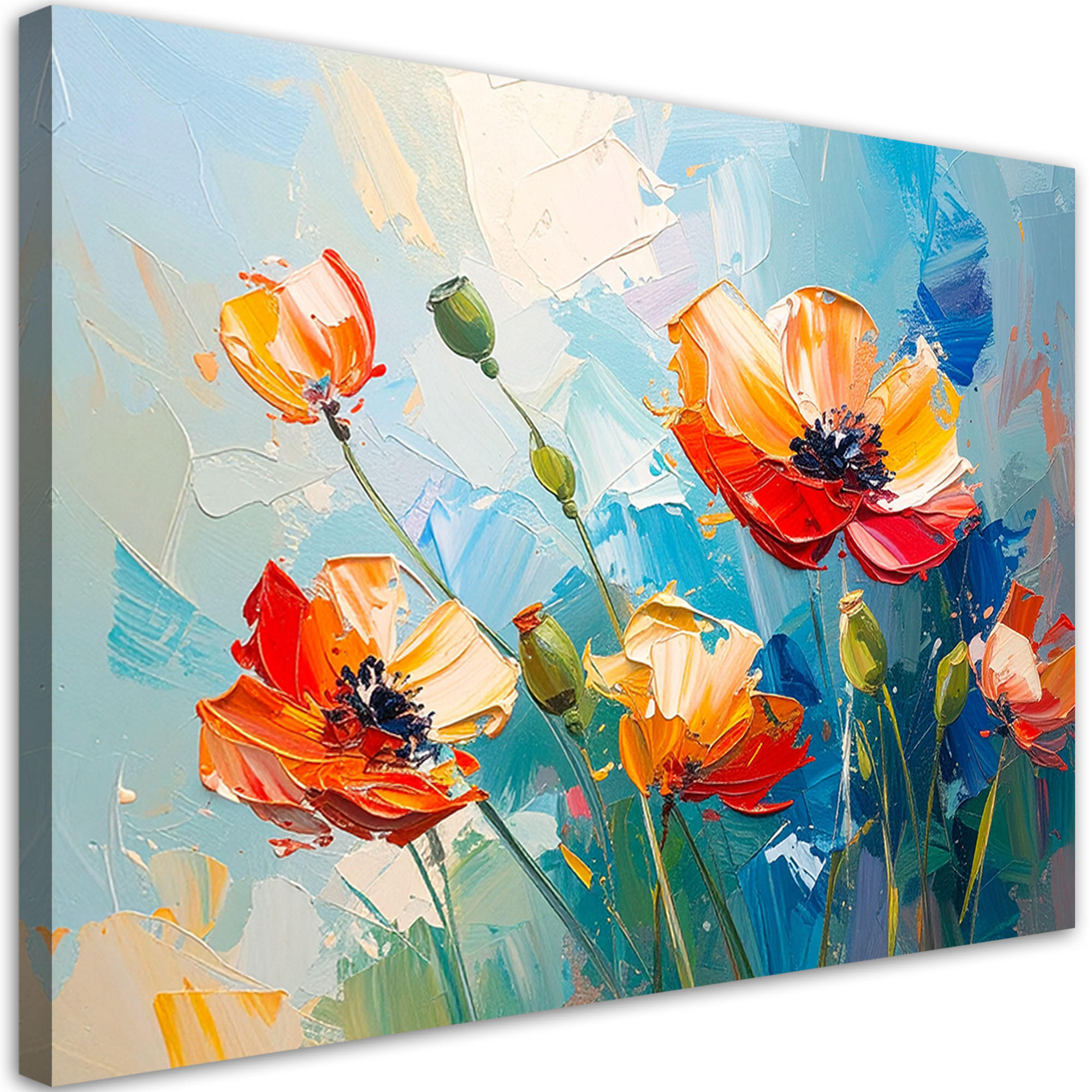 LEINWANDBILD Rote Mohnblumen Blumen Ölfarbe-Imitation 120x80cm - Blau, Textil (120/80cm) - Feeby