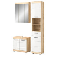 BADMÖBEL-SET weiß Hochglanz, Eiche 3-teilig 112 cm, Kombination mit viel Stauraum - Weiß Hochglanz/Eichefarben, Holzwerkstoff (112/191/34cm) - Inn.Furn
