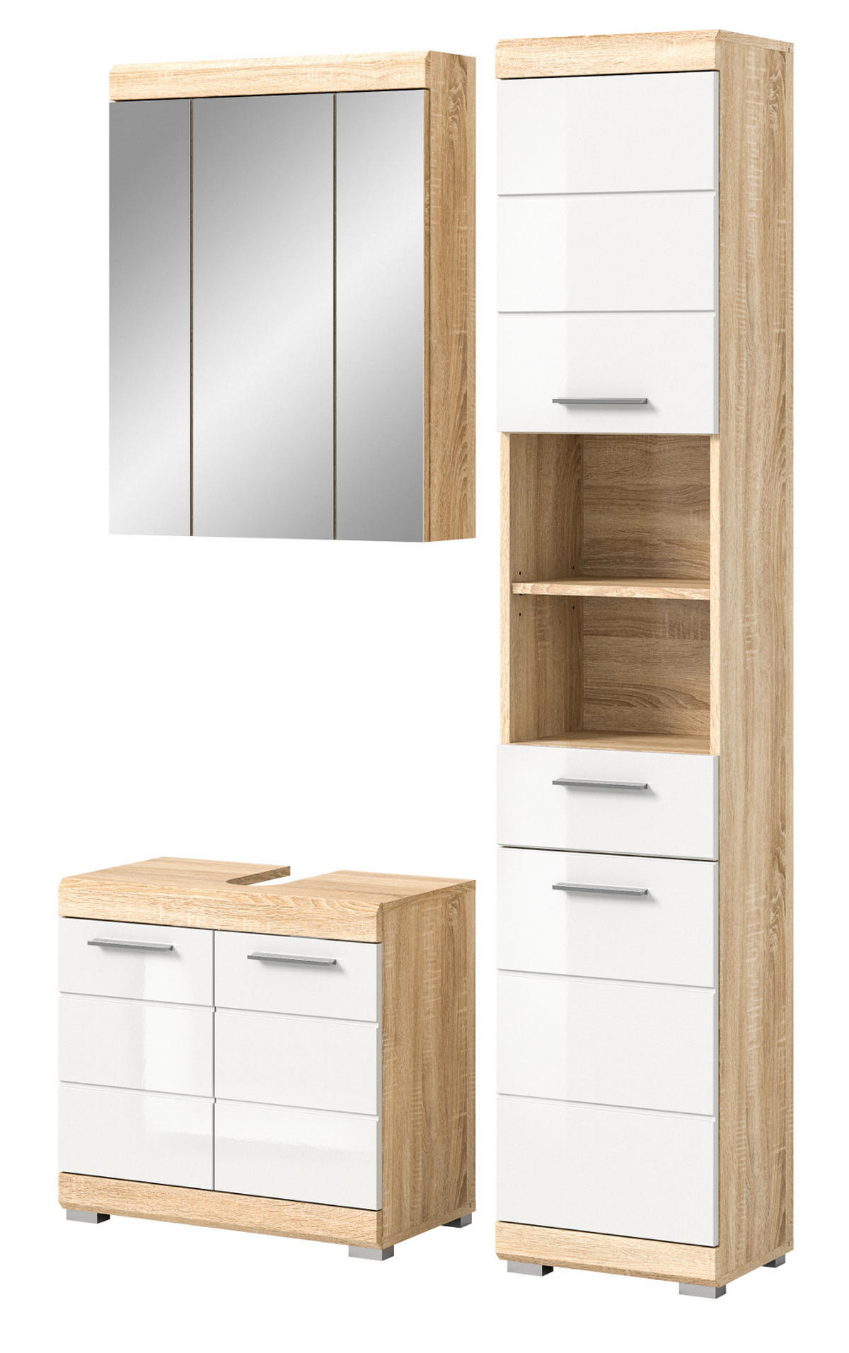 BADMÖBEL-SET weiß Hochglanz, Eiche 3-teilig 112 cm, Kombination mit viel Stauraum - Weiß Hochglanz/Eichefarben, Holzwerkstoff (112/191/34cm) - Inn.Furn
