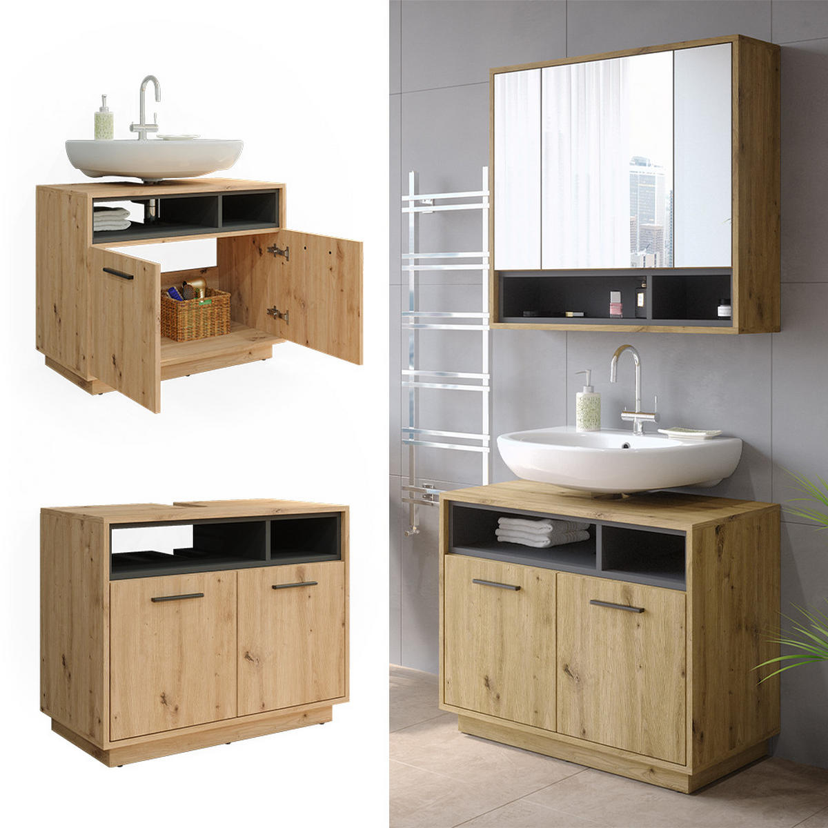 WASCHBECKENUNTERSCHRANK Beatrice Artisan Eiche/Anthrazit 80 x 64 cm - Eiche Artisan, Holzwerkstoff (80/64/40cm) - Vicco
