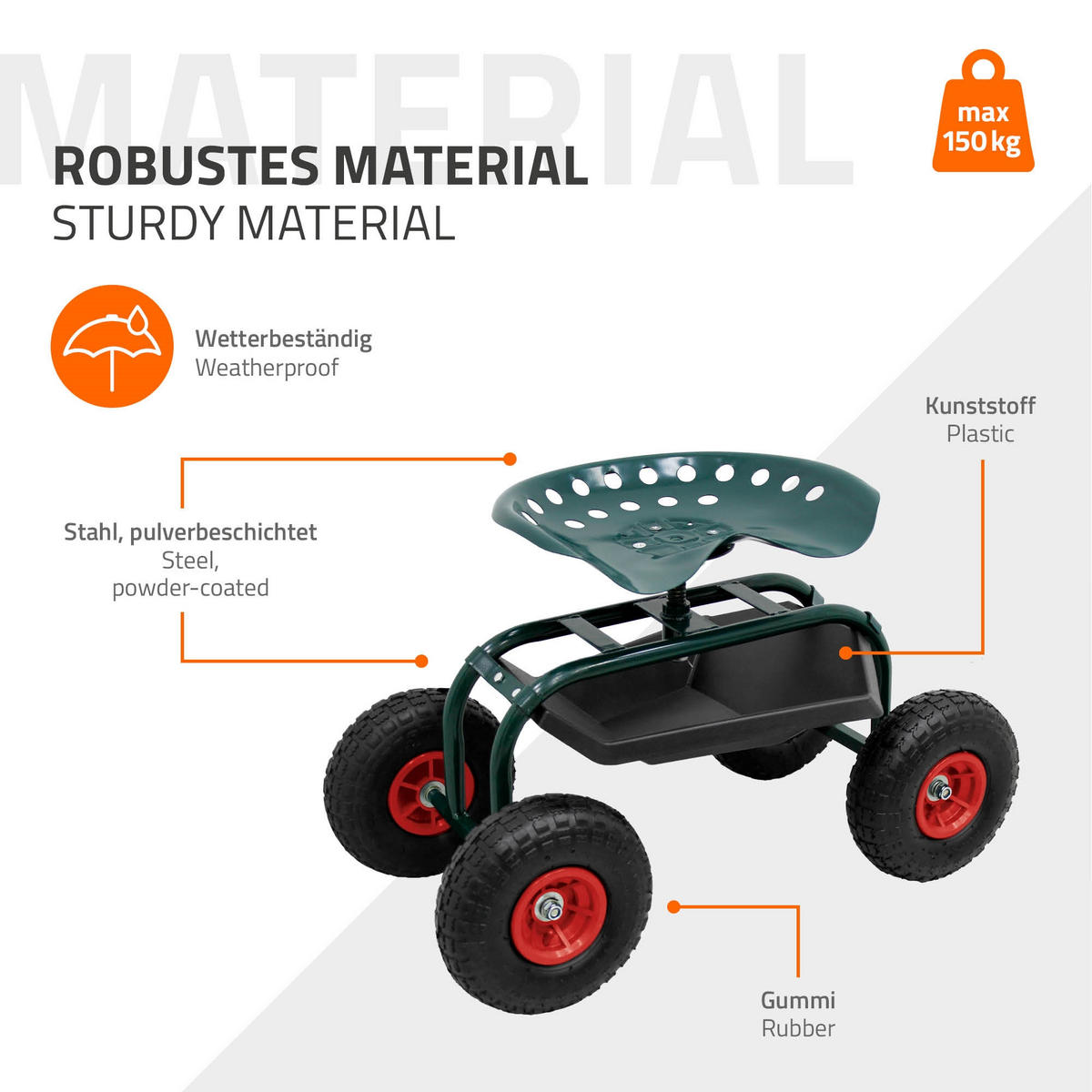 GARTENROLLSITZ Grün aus Stahl 360° drehbar/höhenverstellbar bis 150 kg - Grün, Metall (42/49/84cm) - ECD-Germany