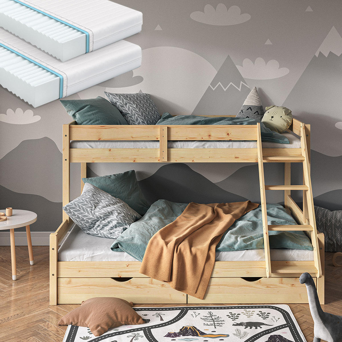 ETAGENBETT Everest Naturholz 140x200/90x200 cm mit 2 Matratzen und 2 Schubkästen - Eichefarben, Holz (140/200cm) - VitaliSpa