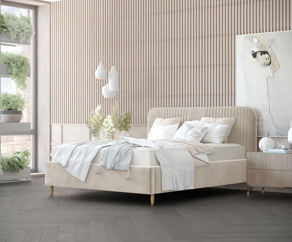 POLSTERBETT Livy Hellbeige 120/200 cm im Samtstoff - Beige/Naturfarben, Holz/Holzwerkstoff (120/200cm) - Maison de Reve