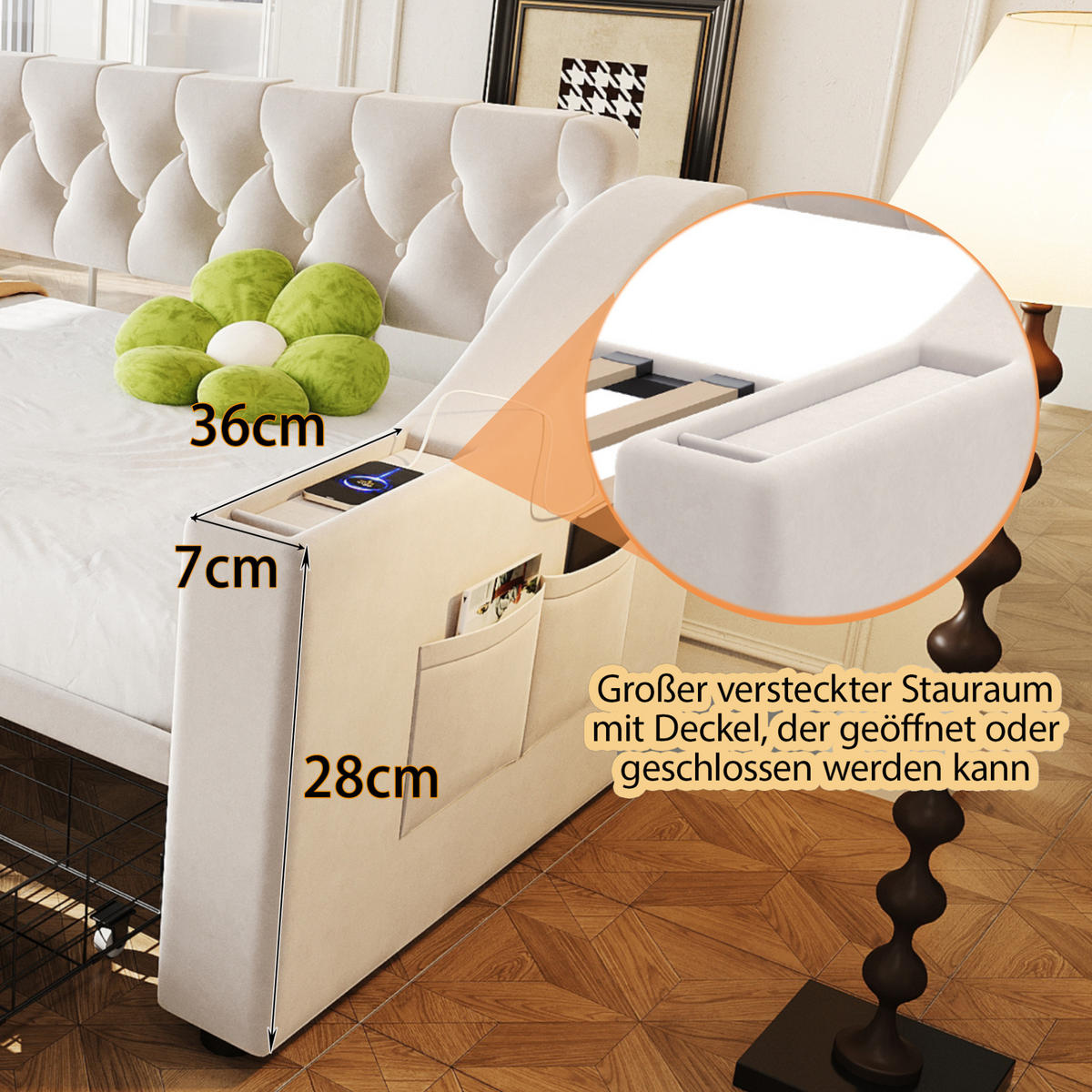 POLSTERBETT 90/190 cm aus Samt mit Stauraum und USB- und Type-C-Anschlüssen - Beige, Textil (90/190cm) - Flora Grace