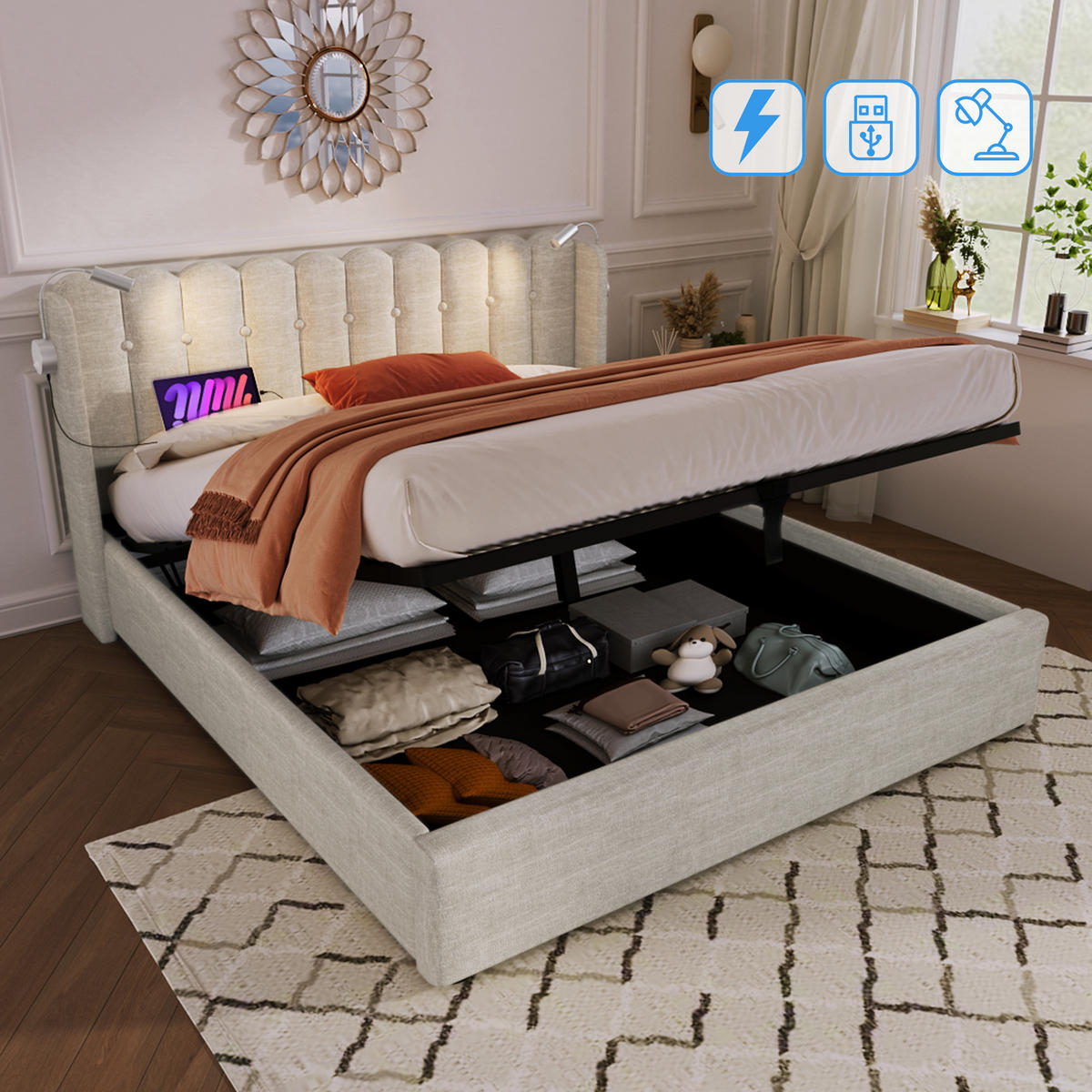 POLSTERBETT 160/200 cm mit Leselicht und Ladefunktion in Natur - Naturfarben, Textil (160/200cm) - OKWISH