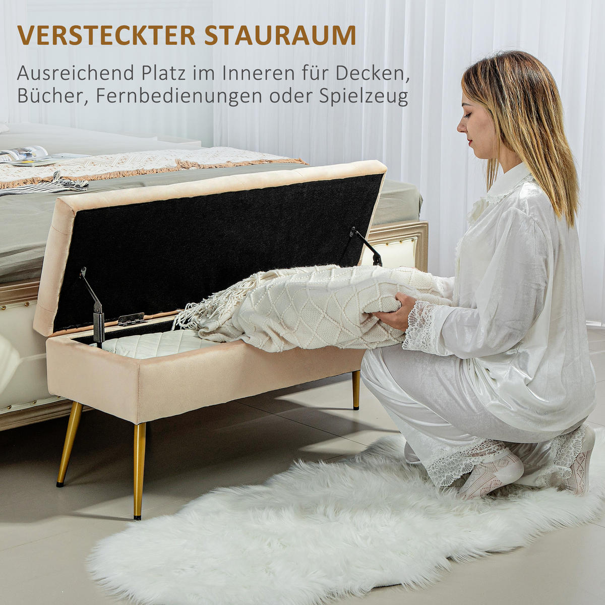 TRUHENBANK mit Samtoptik für Flur Metall Beige - Beige, Kunststoff (35/43/102cm) - HOMCOM