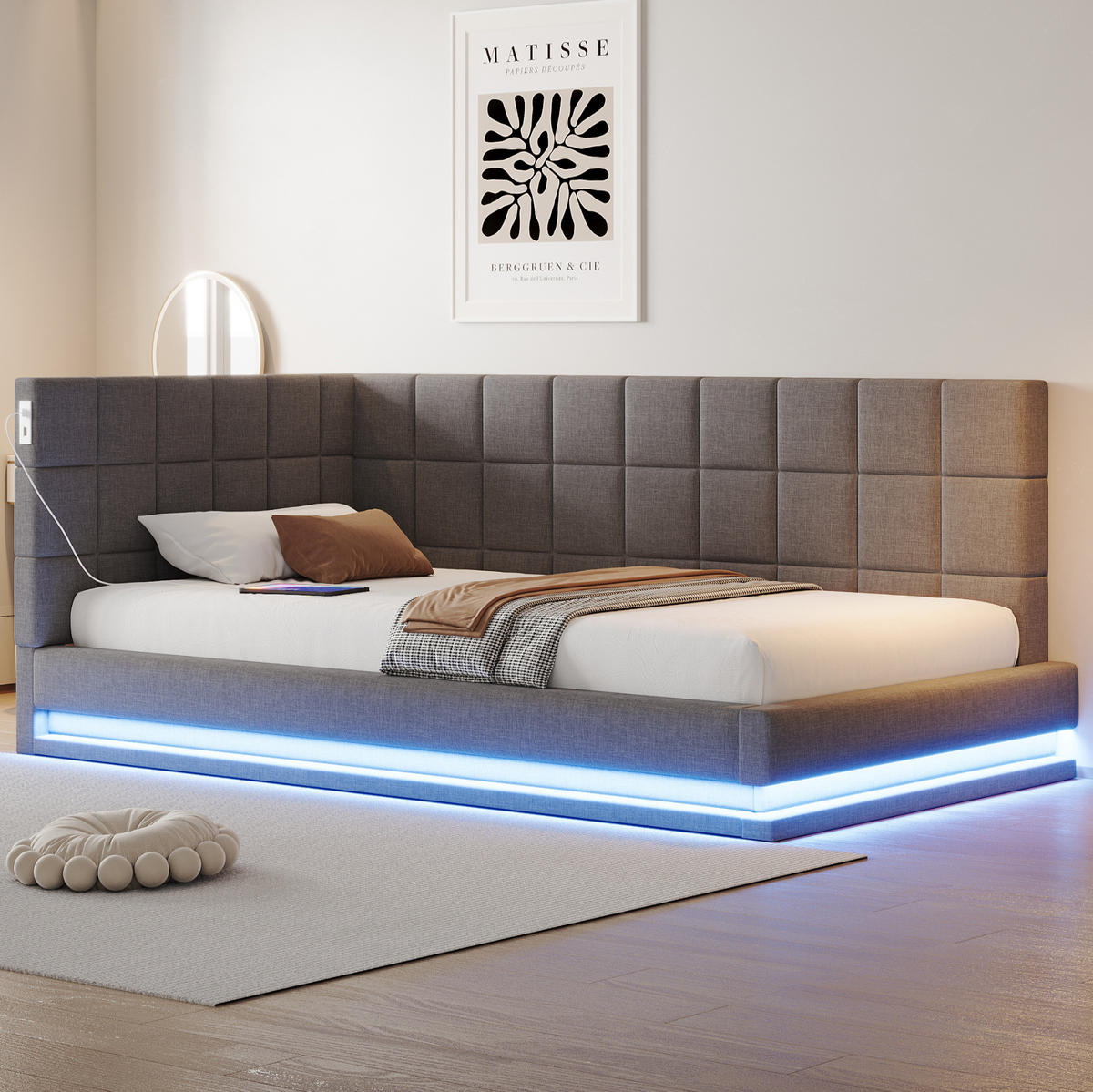 ČALÚNENÁ posteľ z ľanu 90x200 cm sivá s LED osvetlením, USB portom a lamelovým roštom - sivá, textil (90/200cm) - Modfu