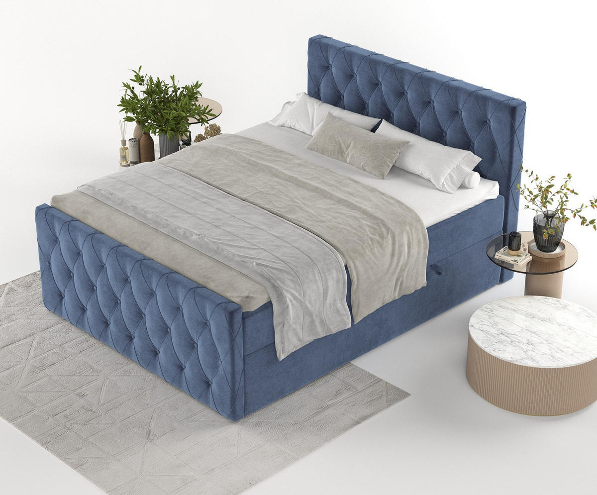 BOXBETT Signature Dunkelblau 160/200 cm im Samtstoff - Schwarz/Dunkelblau, Holz/Holzwerkstoff (160/200cm) - Maison de Reve