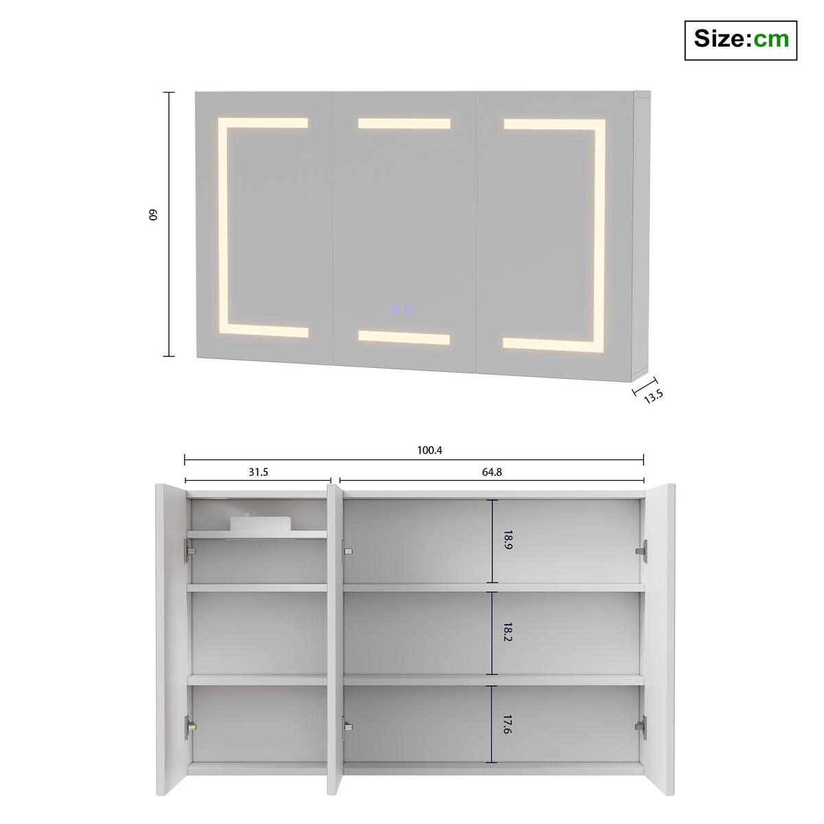 SPIEGELSCHRANK 100.4/60/13.5 cm, Drei Türen mit Beleuchtung, Weiß - Weiß, Glas/Holz (100.4/60/13.5cm) - BRILVERDE