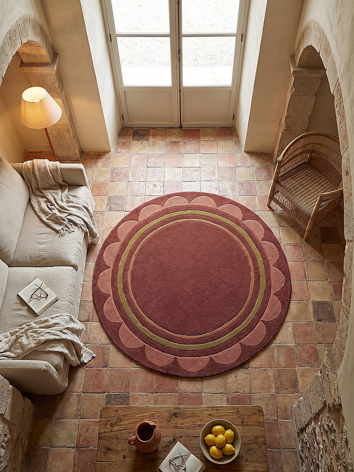 WOLLTEPPICH handgetuftet WENSUM, Scallop-Bordüre, Beerenrot, Ø 120 cm - Rot, Textil (120/120cm) - KADIMA DESIGN