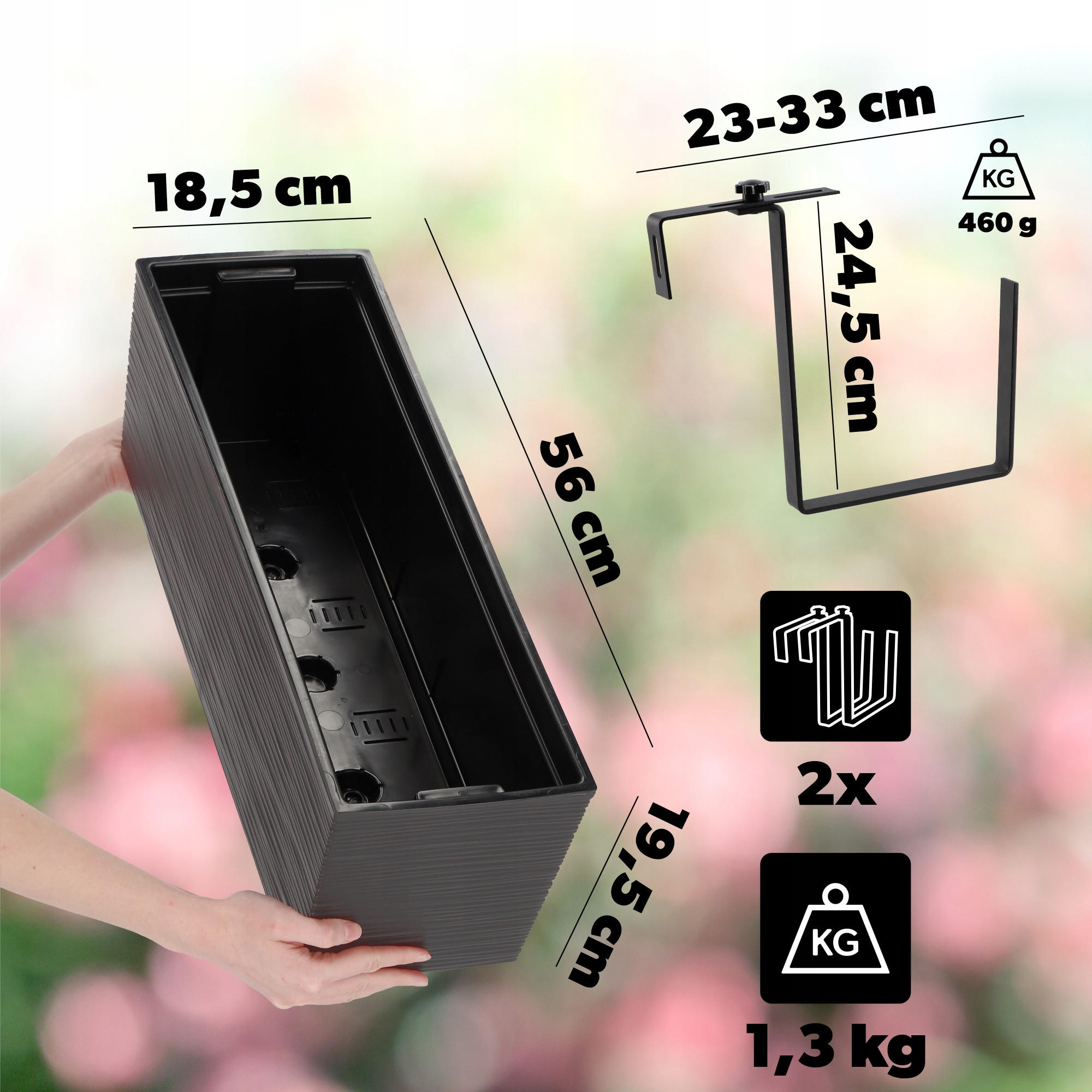 BALKONBLUMENTOPF mit Einsatz und 2 Griffe 56 cm, Graphit - Graphitfarben, Kunststoff (18/56cm) - KADAX